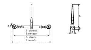 Tensores de carraca con ganchos en los extremos, cotas y dimensiones